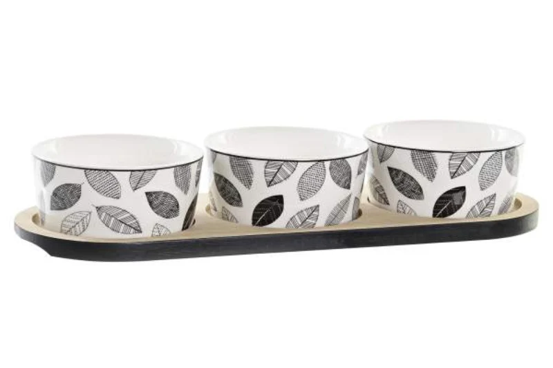 Set Aperitivo Foglie in Acacia con 3 Ciotole in Porcellana – Item International