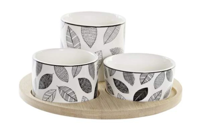 Set Aperitivo Rotondo in Acacia con 3 Ciotole in Porcellana Fantasia – Item International