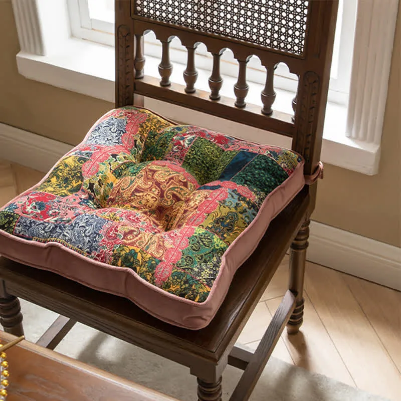 Cuscino per sedia in stile patchwork bohémien con lacci di fissaggio