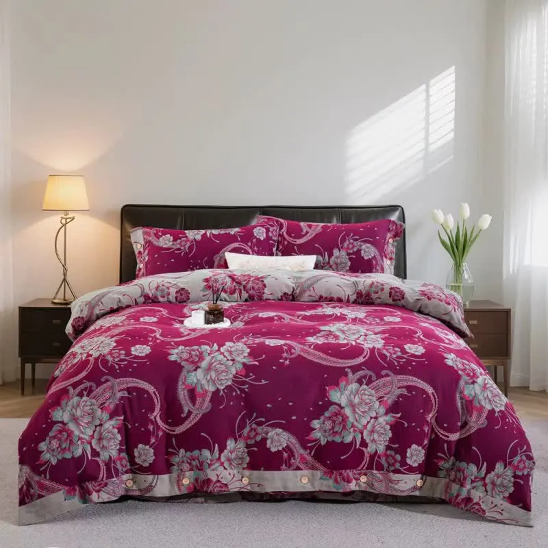 Set di biancheria da letto di lusso in garza di cotone con motivo peonia (4 pezzi)
