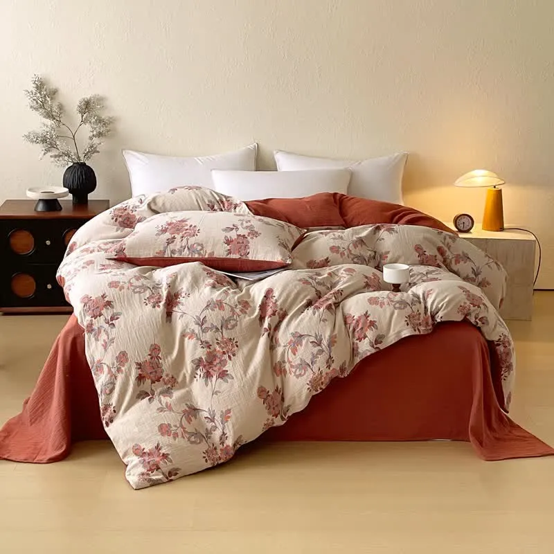 Set di biancheria da letto in garza di cotone con stampa floreale sfumata (4 pezzi)