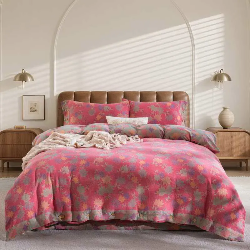 Set di biancheria da letto in cotone con motivo rustico a foglia d'acero (4 pezzi)