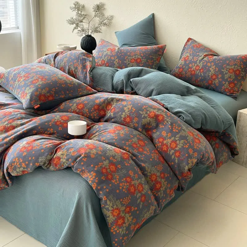 Set di biancheria da letto in garza di cotone con stampa floreale retrò (4 pezzi)