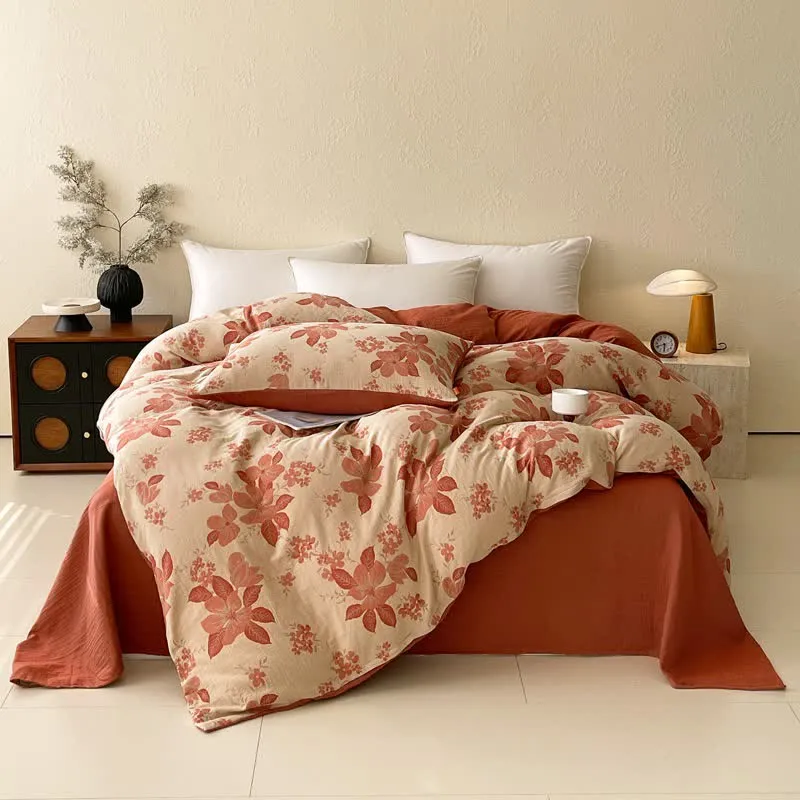 Set di biancheria da letto in doppia garza di cotone con motivo floreale a foglie (4 pezzi)