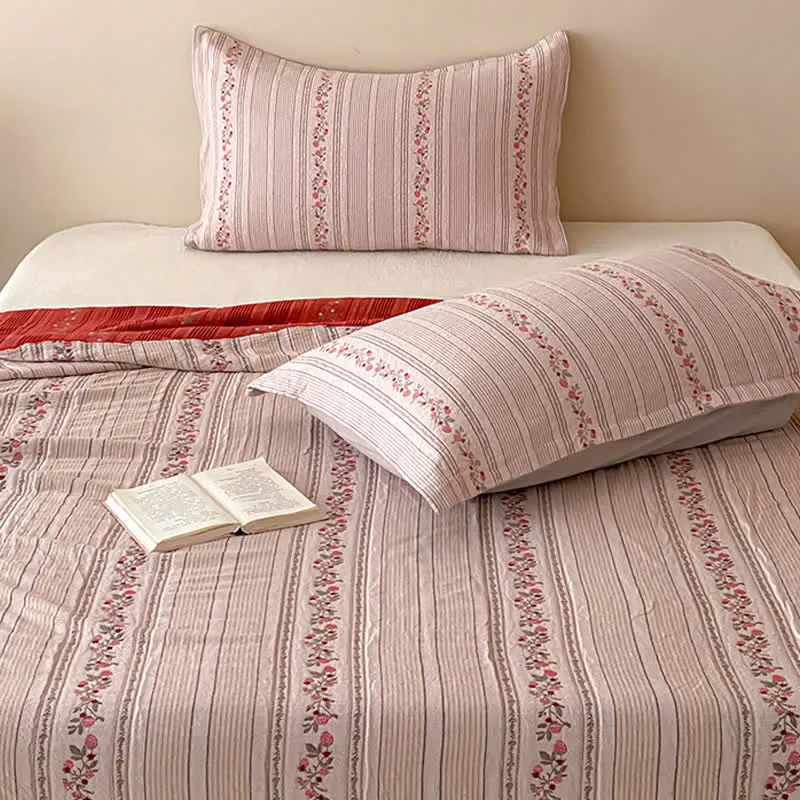 Set di biancheria da letto in cotone lavato con fantasia floreale a righe rosa cipria