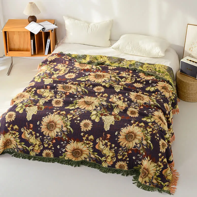 Coperta/trapunta vintage in mussola a 4 strati con motivo girasoli