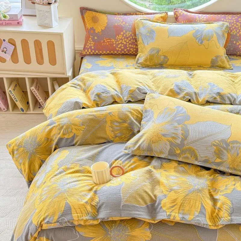 Set di biancheria da letto in garza di cotone con motivo floreale, composto da 4 pezzi.