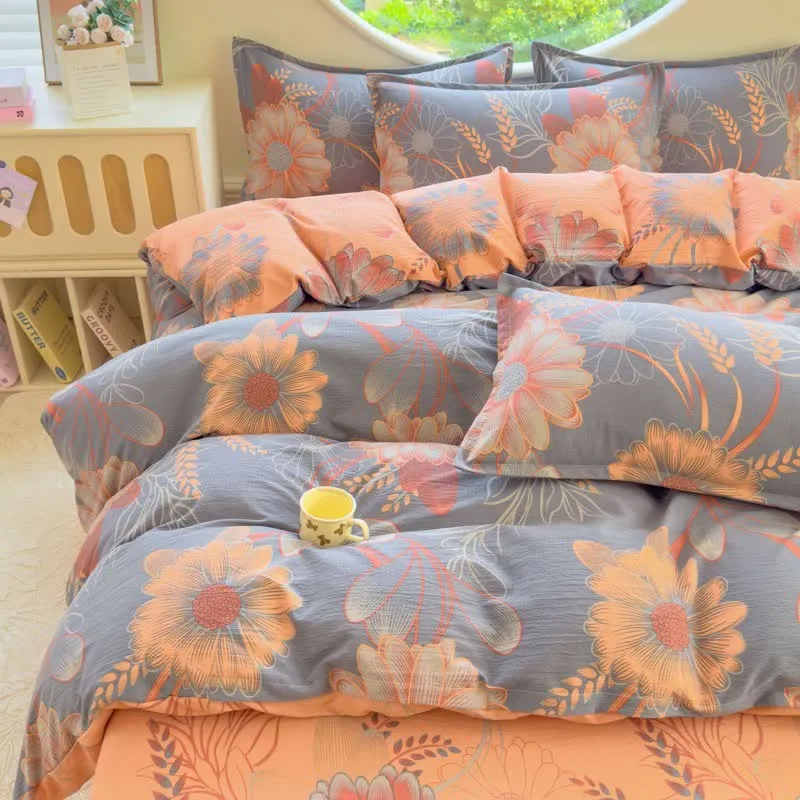 Set di biancheria da letto in garza di cotone con motivo floreale e spiga di grano (4 pezzi)