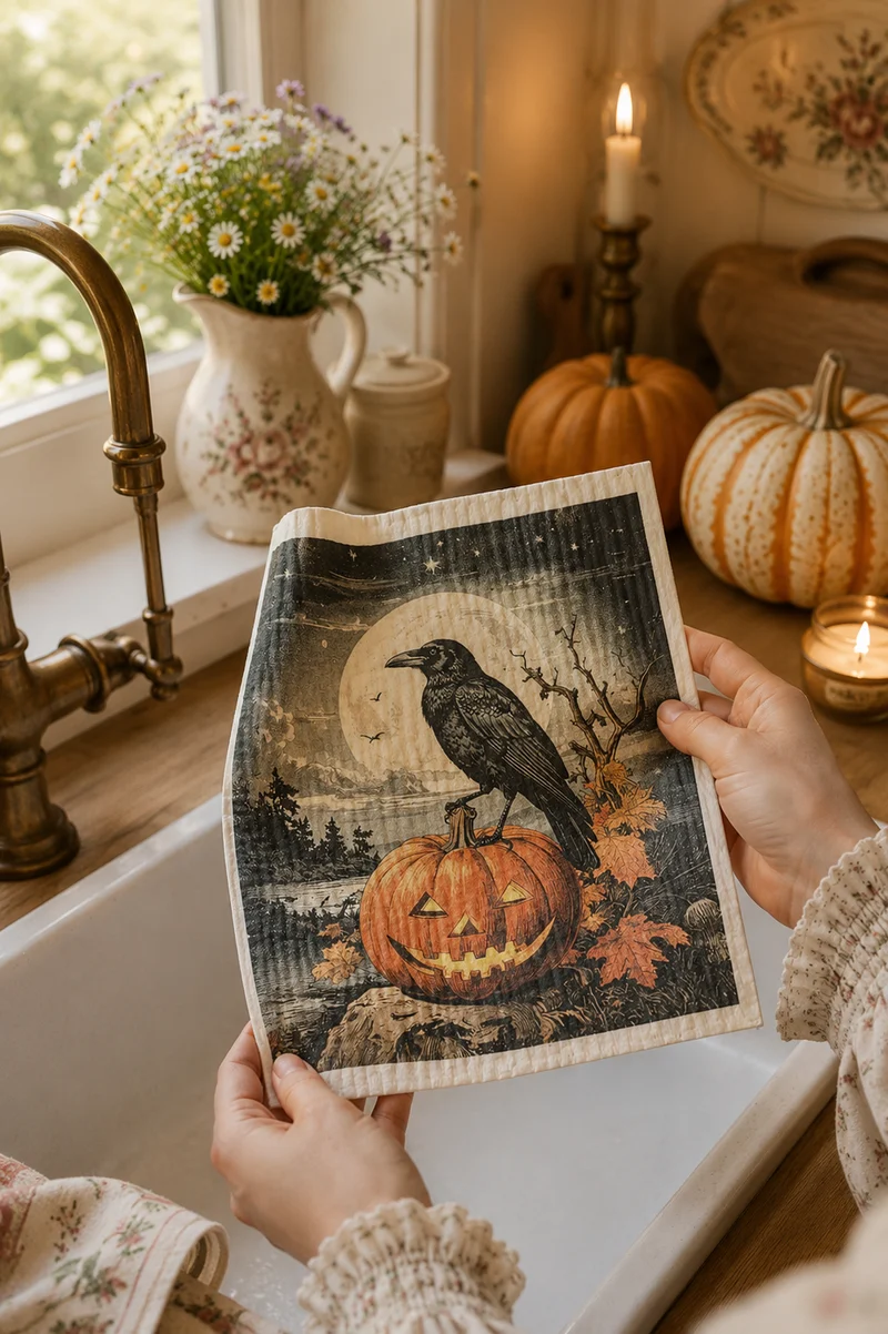 Panno Svedese Halloween con Corvo e Zucca