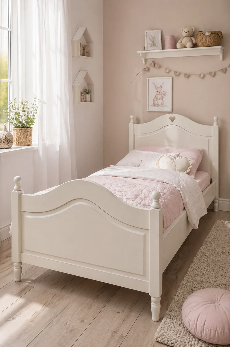 Letto Singolo Shabby Chic in Legno Bianco con Cuore