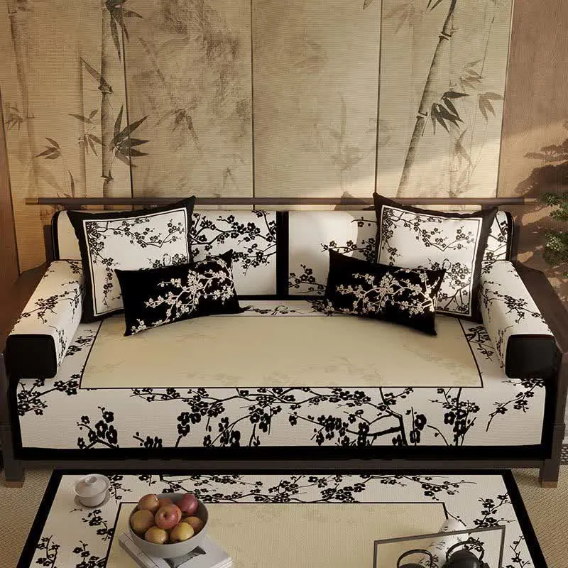 Copridivano con bordo a fiori di prugno orientali