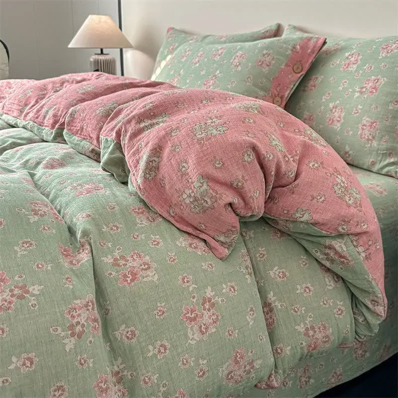 Set di biancheria da letto vintage in garza di puro cotone con motivo floreale (4 pezzi)