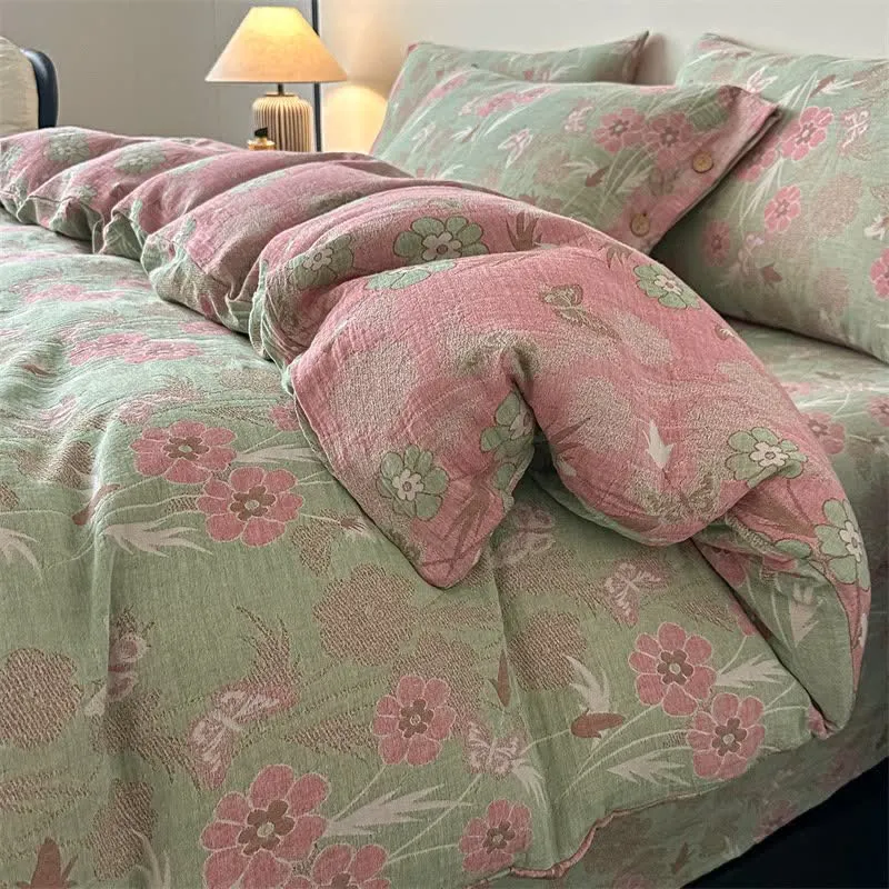 Set di 4 pezzi di biancheria da letto in garza di puro cotone con motivo floreale e farfalle