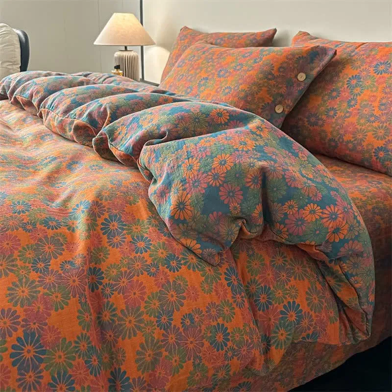 Set di 4 pezzi di biancheria da letto in garza di puro cotone con motivo floreale vintage