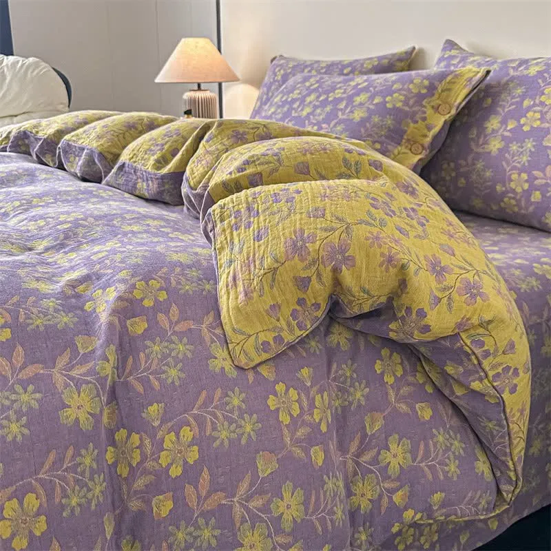 Elegante set di biancheria da letto in garza di puro cotone con motivo floreale (4 pezzi)