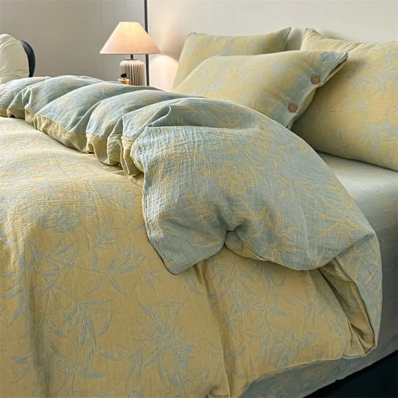 Set di 4 pezzi di biancheria da letto in garza di cotone con motivi floreali e a foglie
