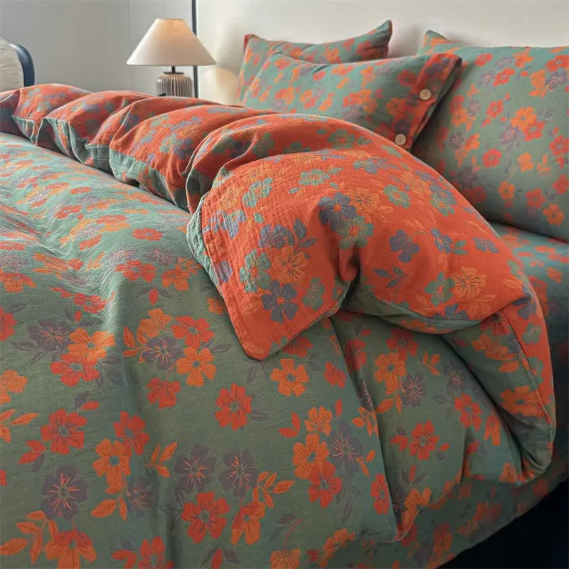 Set di biancheria da letto in garza di puro cotone con motivo floreale pastorale (4 pezzi)