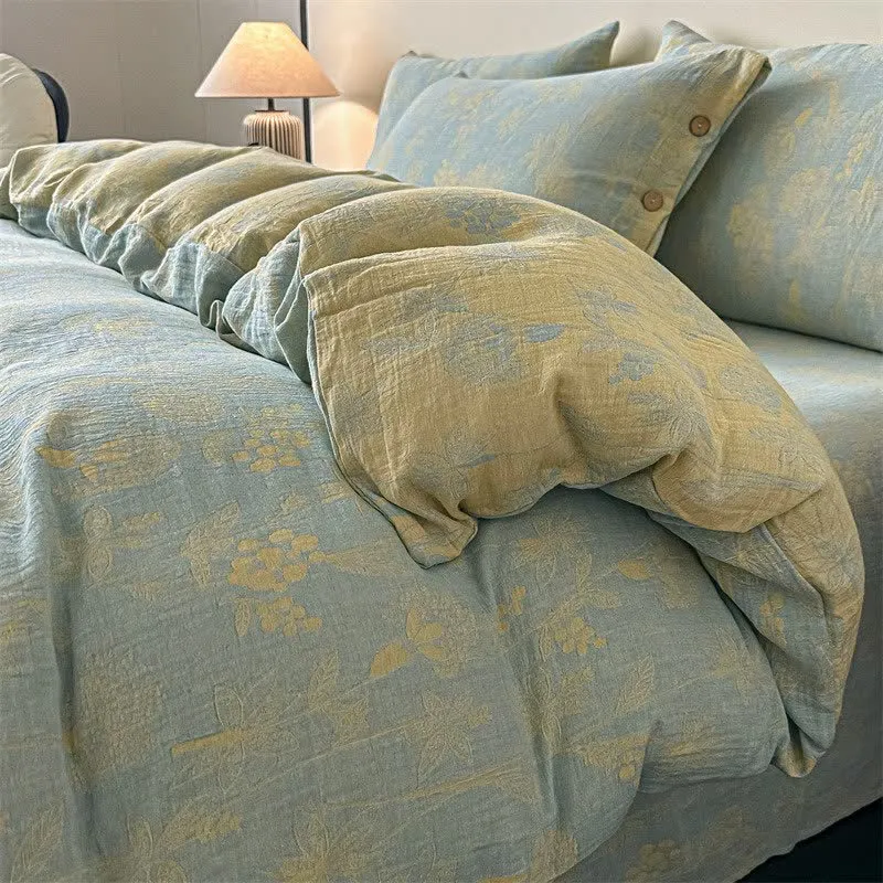 Set di biancheria da letto vintage in garza di puro cotone con motivi botanici (4 pezzi)