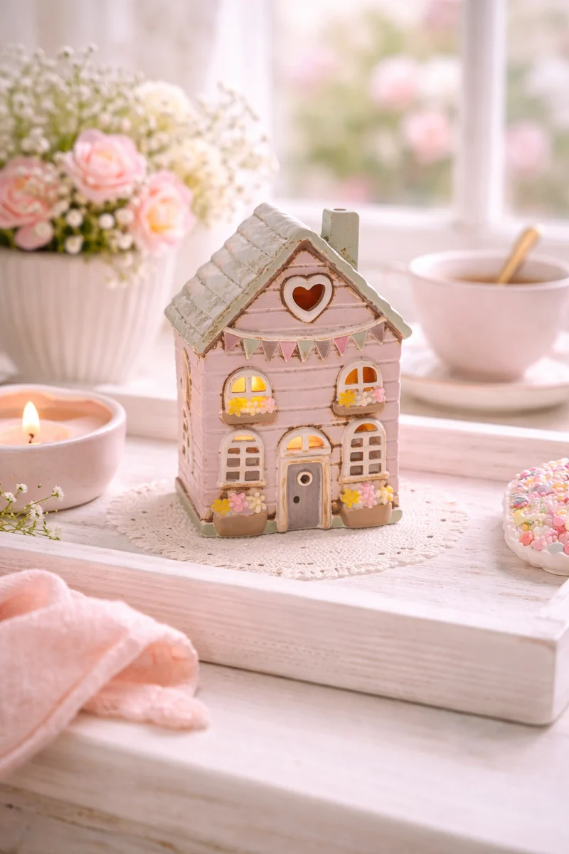 Casetta Portacandela Cottage Rosa in Gres 17,5 cm