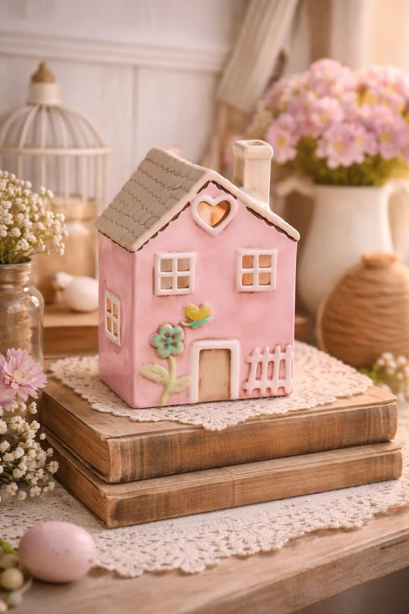 Casetta Porta Tea Light Rosa in Ceramica