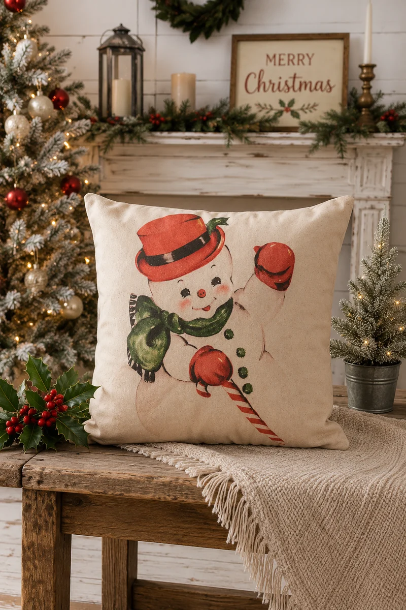 Cuscino Natalizio Vintage con Pupazzo di Neve