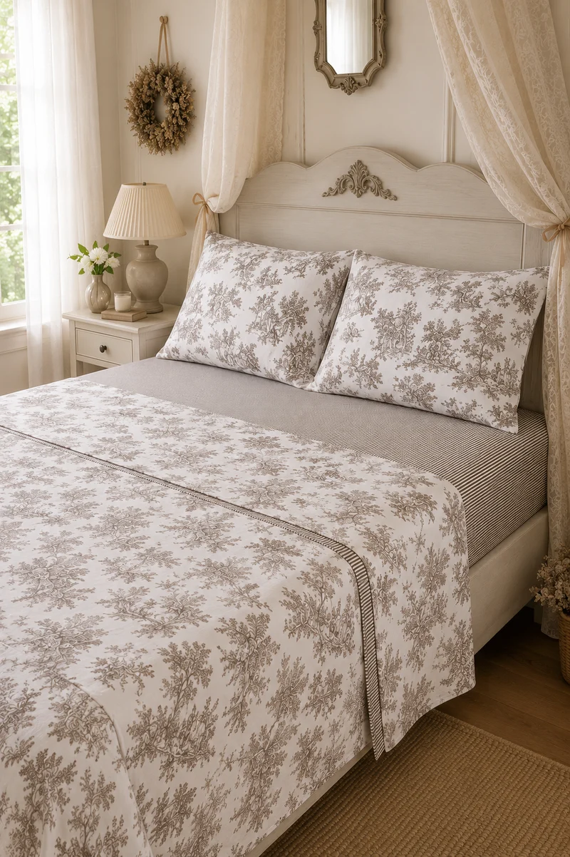 Completo Lenzuola Matrimoniale Toile de Jouy Tortora 100% Cotone