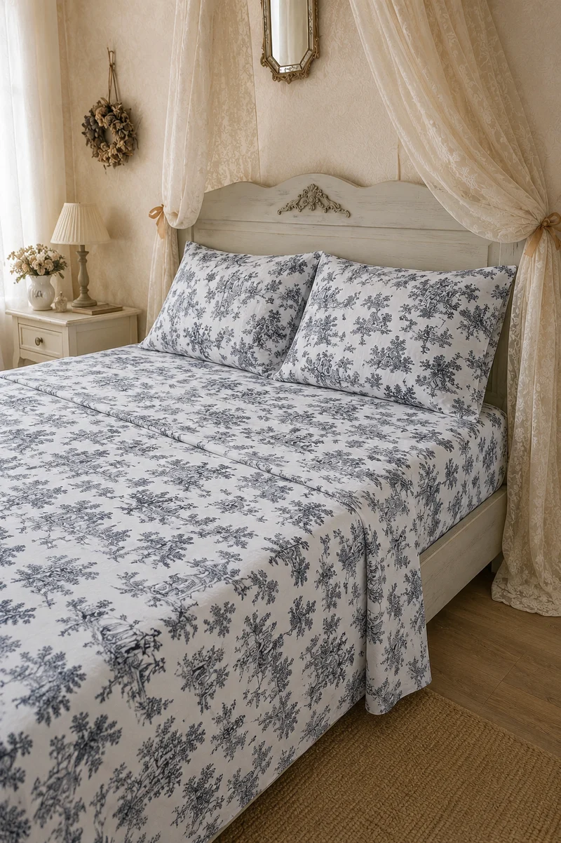 Completo Lenzuola Matrimoniale Toile de Jouy Blu in 100% Cotone