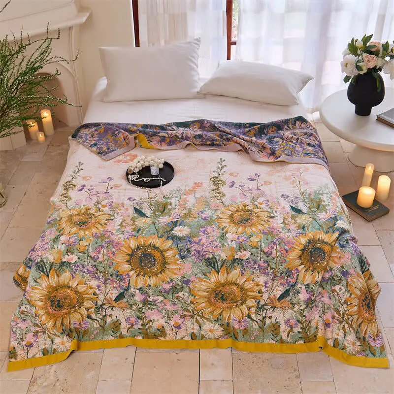 Coperta/trapunta vintage in garza di cotone con motivo girasoli