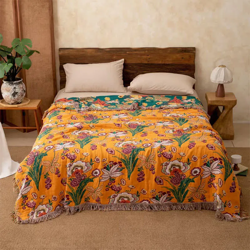 Trapunta coperta Boho reversibile in garza di cotone con nappe