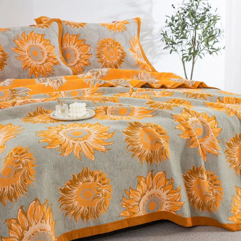 Coperta/trapunta in mussola di cotone con motivo girasole tinto in filo