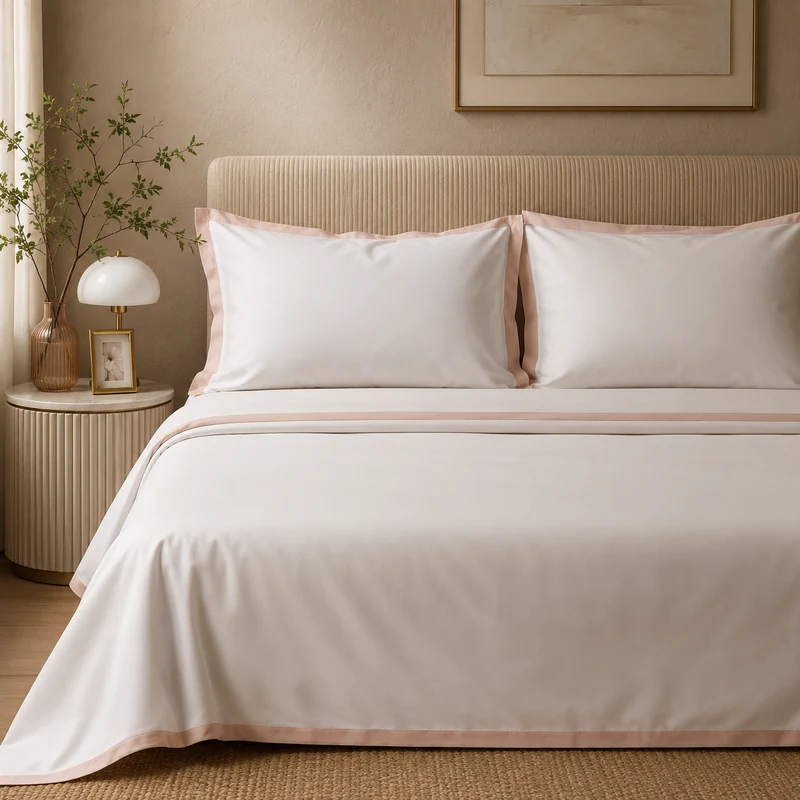 Completo Letto Matrimoniale Hellen – Raso di Puro Cotone 300 TC – Bianco Seta/Rosa Boho