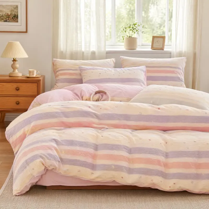 Set di biancheria da letto triplo in garza con motivo a righe pastello e stelle