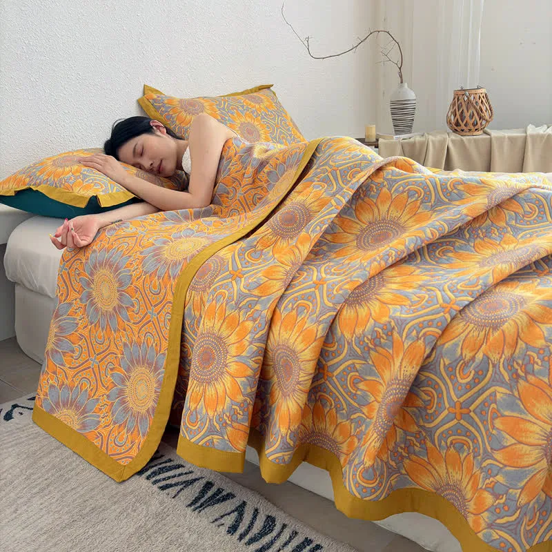 Trapunta a 3 strati in mussola di cotone con motivo girasoli in stile boho