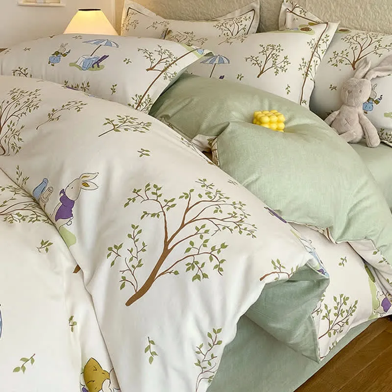Set di biancheria da letto in cotone spazzolato con coniglietto e albero