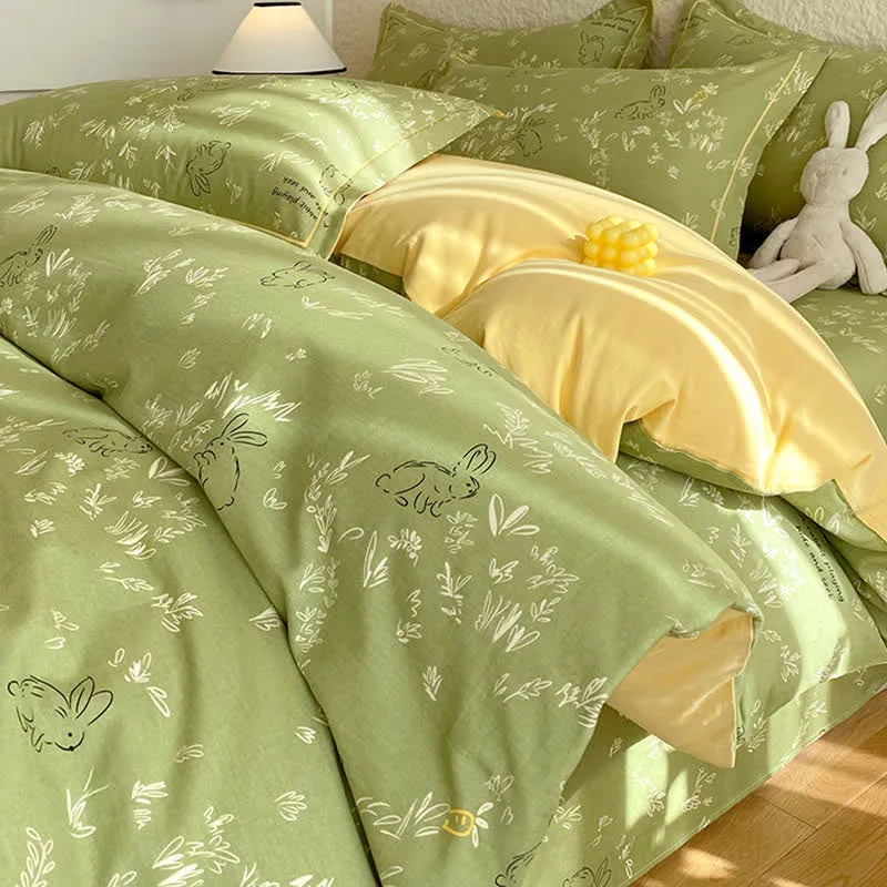 Set di biancheria da letto in cotone spazzolato con motivo coniglietto e foglia