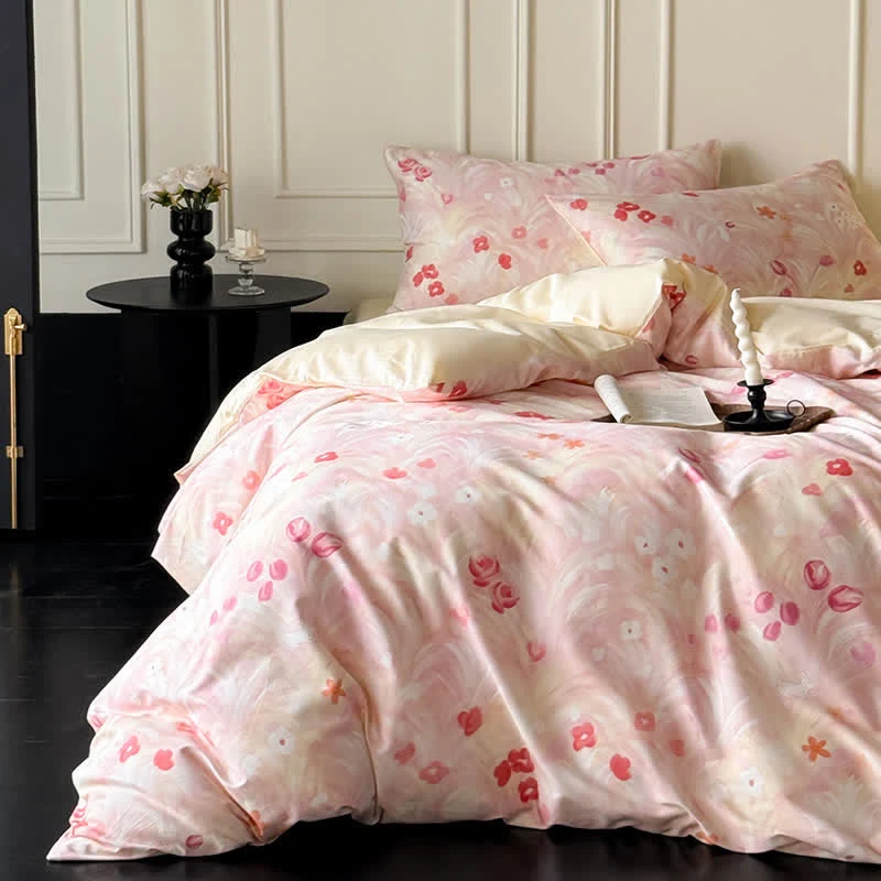 Elegante set di biancheria da letto in cotone con stampa floreale rosa