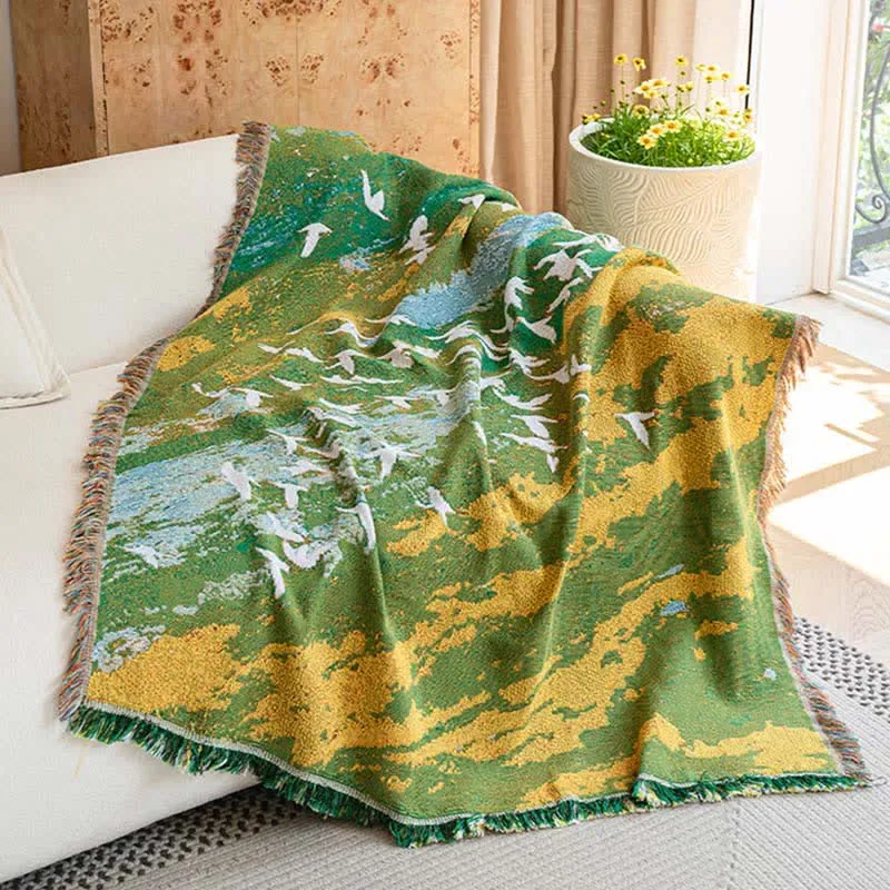 Coperta con motivo a uccelli in stile pittura ad olio