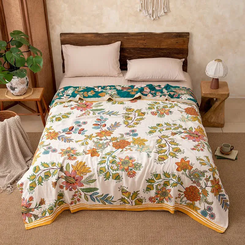 Coperta trapuntata in puro cotone con motivo floreale vibrante