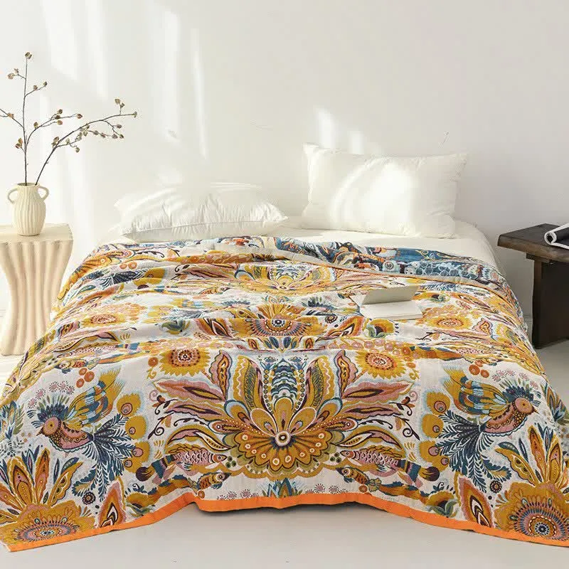 Coperta trapuntata in puro cotone con motivo floreale tropicale