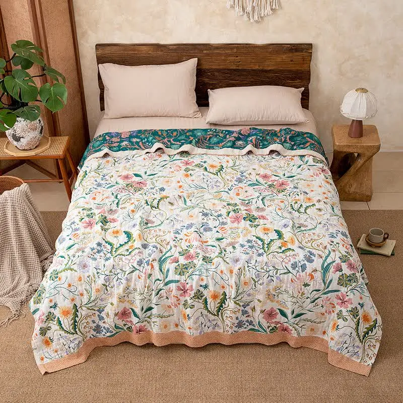 Coperta trapuntata in puro cotone con motivo floreale botanico
