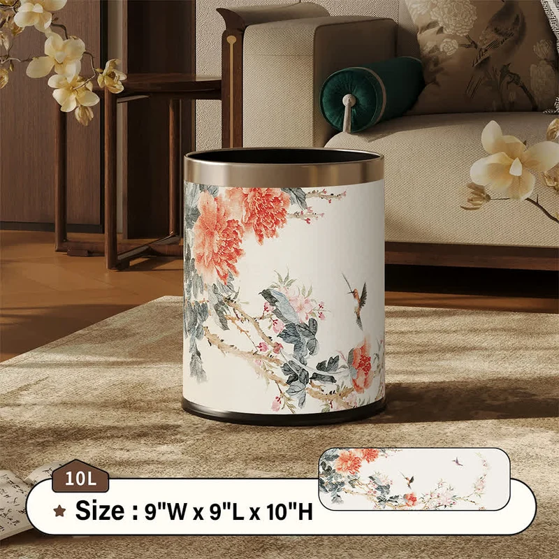 Cestino per rifiuti in pelle stile Chinoiserie con peonia e uccellino