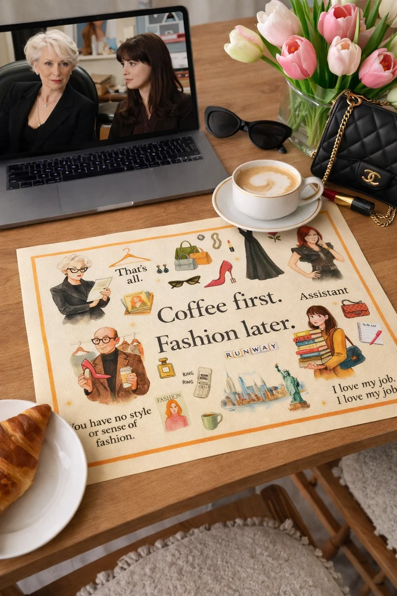 Tovaglietta in vinile “Coffee First, Fashion Later”