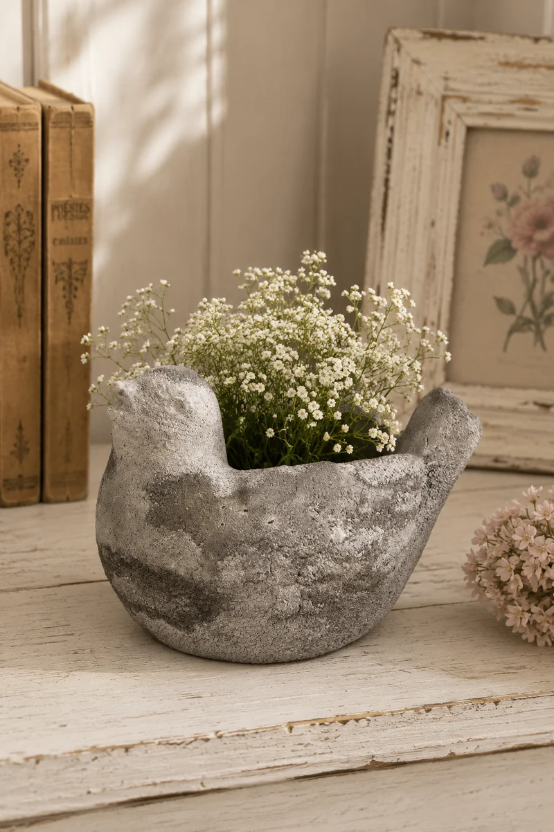 Portavaso a Forma di Uccellino in Pietra 18x12x13 cm Grigio | Clayre & Eef