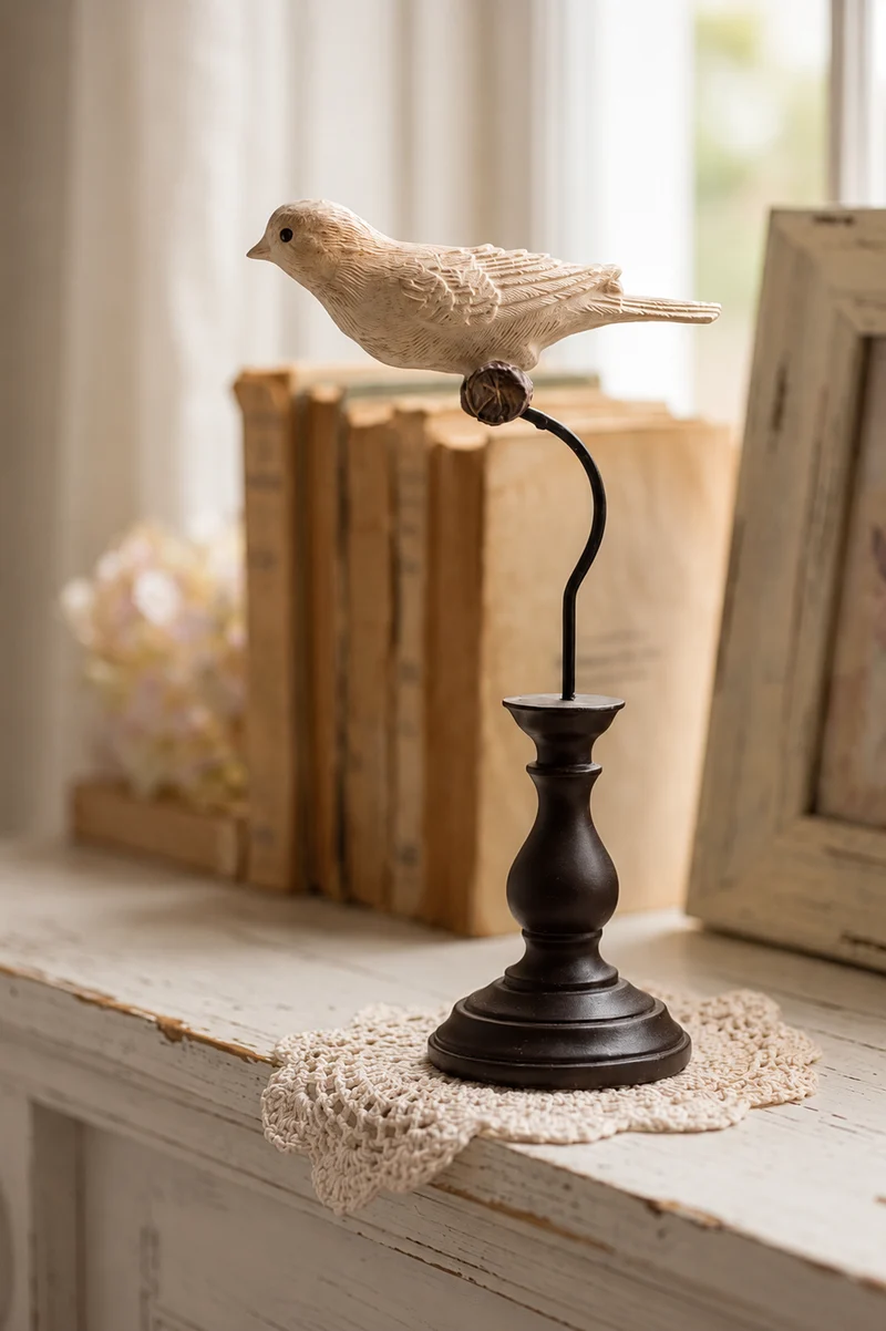 Statuetta Uccellino Decorativo Beige 21 cm su Piedistallo | Clayre & Eef