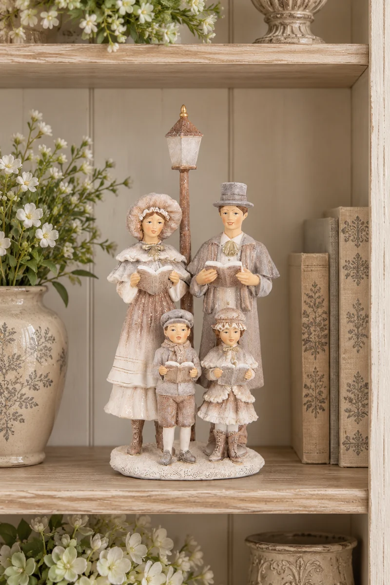 Statuetta Natalizia Famiglia di Cantori con Lampione 30 cm Beige | Clayre & Eef