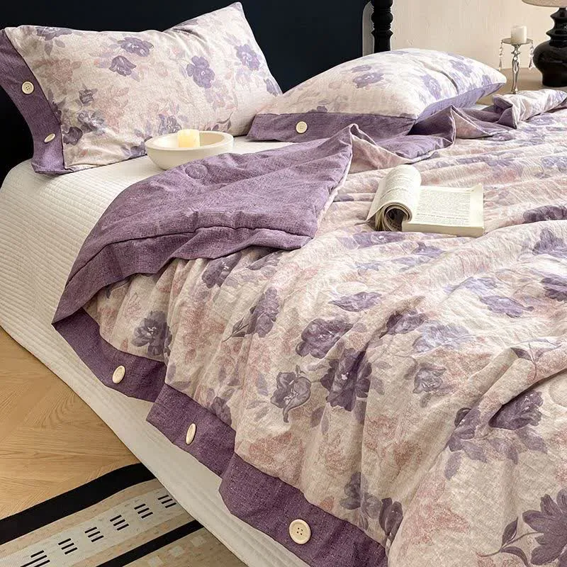 Coperta/trapunta romantica in cotone e lino con motivo floreale viola