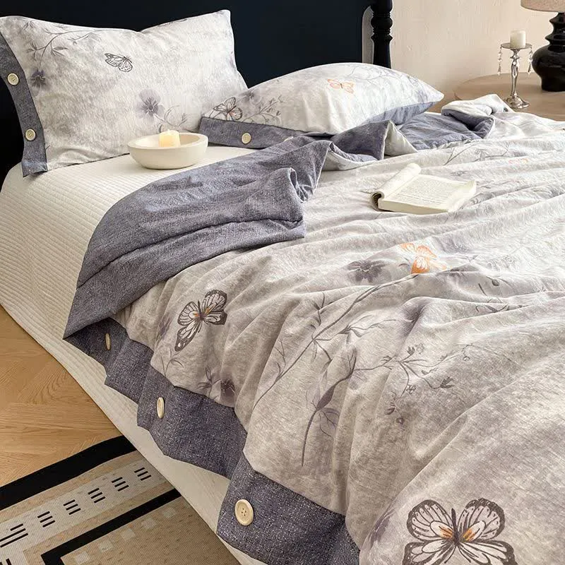 Coperta/trapunta vintage in cotone e lino con motivo floreale a farfalle