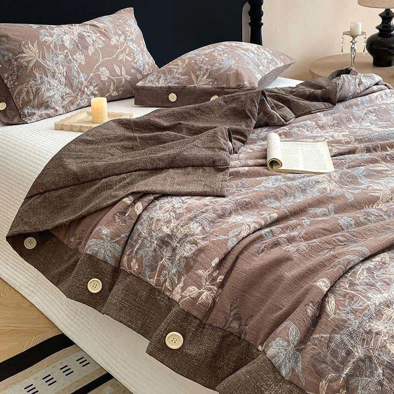 Coperta/trapunta rustica in cotone e lino con motivo botanico