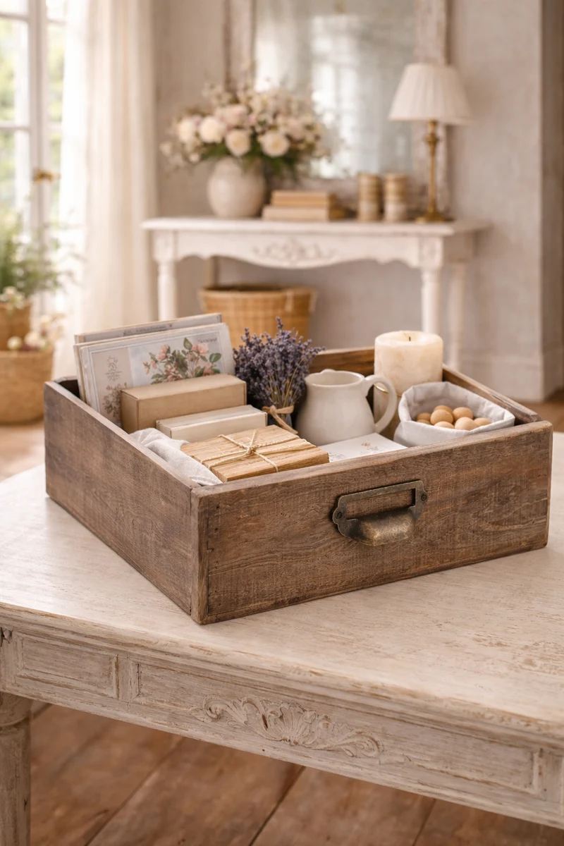 Set 2 Cassetti in Legno Stile Francese con Maniglia in Metallo