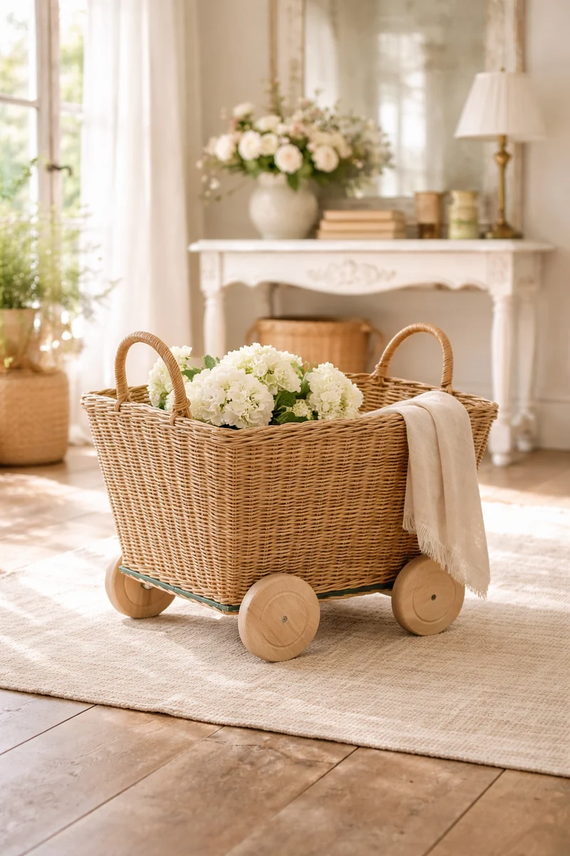 Cesto in Rattan Naturale con Ruote e Manici 45x35x23 cm